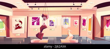 Musée ou galerie d'art exposition intérieur dessin animé vecteur avec contemporain et art abstrait collection de peintures colorées sur les murs et géométriques scu Illustration de Vecteur