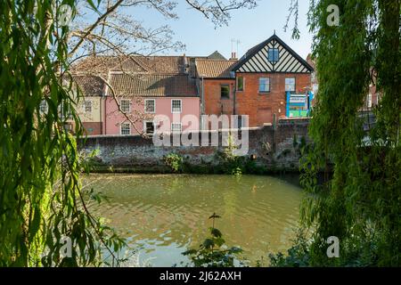Maisons colorées au bord de la rivière dans le centre-ville de Norwich. Banque D'Images