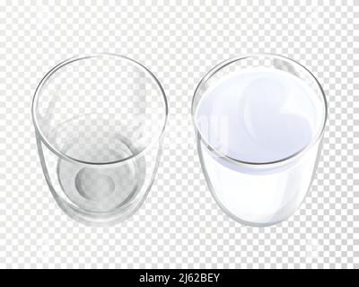 Verre à lait 3D vecteur illustration de la vaisselle réaliste pour les boissons laitières ou yaourt vue du dessus. Verres en cristal vides et pleins isolés ou mocku en verre Illustration de Vecteur