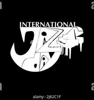 International Jazz Day musique négatif style espace poster vectoriel pour festival de jazz ou blues nocturne rétro fête avec piano à queue blanc. Letterin stylisé Illustration de Vecteur