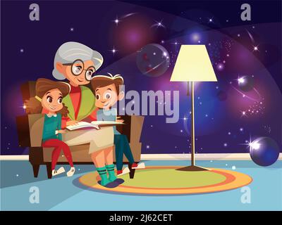 Vector caricature grand-mère lecture astrophysique, cosmos espace science livre garçon fille assis fauteuil. Illustration parent âgé arrière-plan home inte Illustration de Vecteur