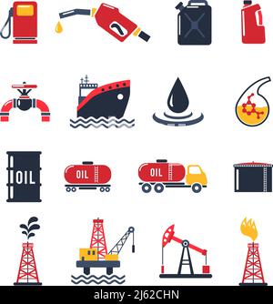 Ensemble d'icônes plates de l'industrie pétrolière isolé avec de l'essence de forage illustration du vecteur d'isolation du can d'huile de pompe Illustration de Vecteur