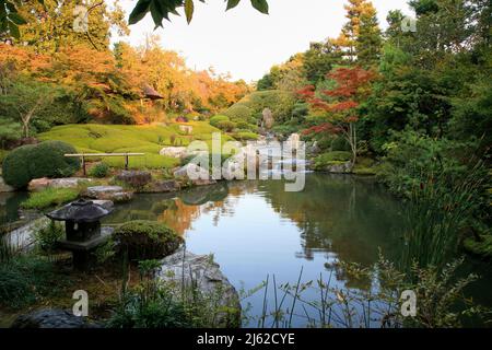 Un nouveau jardin d'étang ou yoko-en du temple de Taizo-in avec un ruisseau qui cascade autour des rochers et des azalées et se vide dans une piscine. Kyoto. Japon Banque D'Images