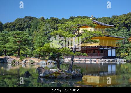 La vue du pavillon d'or du temple bouddhiste Zen Kinkaku-ji à travers l'étang miroir (Kyoko-chi) avec la petite île Kamejima sur le front Banque D'Images