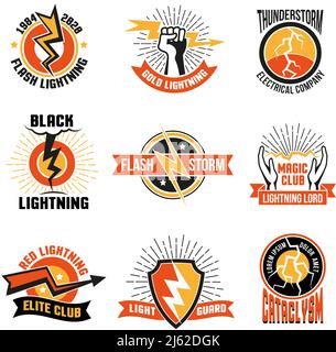 Logos et emblèmes colorés avec des jeux de lumières pour les clubs et illustration vectorielle isolée plate de sociétés électriques Illustration de Vecteur