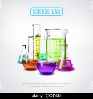 Composition des équipements de laboratoire avec des tubes à essai en verre réalistes liquides colorés illustration vectorielle isolée plate Illustration de Vecteur