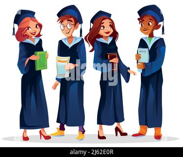 Illustration vectorielle de jeunes diplômés de l'université ou de l'université d'Afro-américain en lunettes et filles élèves en bonnets bleus et robes holding educa Illustration de Vecteur