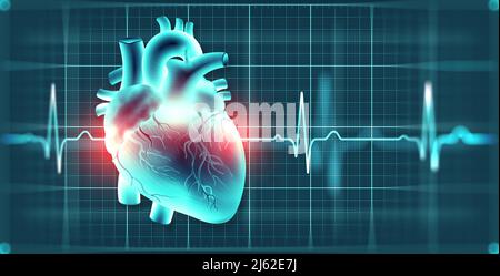 Cardiologie. Concept de coeur sain. Pulsation, moniteur de pouls et illustration 3D du cœur Banque D'Images