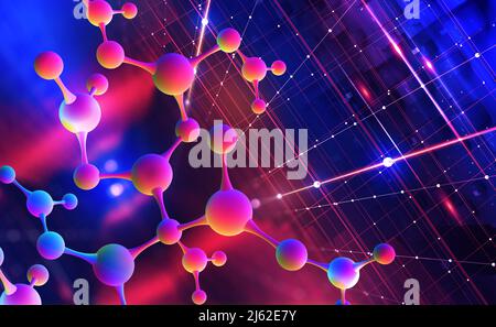 Conception de maillage moléculaire néon. Nanostructure numérique. Violet ultraviolet. 3D illustration d'une molécule abstraite colorée Banque D'Images