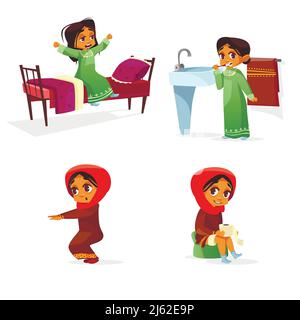 Vecteur caricature arabe fille matin routine activiti set. Les femmes musulmanes khaliji hijab se réveillent en étirant, se brossant les dents faisant de la gymnastique de squat Illustration de Vecteur