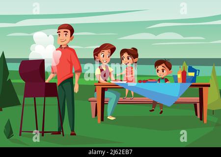 Illustration vectorielle de pique-nique familial au barbecue. Dessin animé de père homme friture au barbecue grill et mère avec enfants garçon et fille assis ensemble Illustration de Vecteur