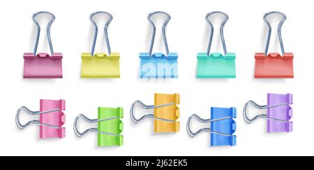 Illustration vectorielle de clip de reliure de couleur métallique 3D réaliste ou clip de repli pour les feuilles de papier de notes de mémo isolées sur fond blanc avec Illustration de Vecteur