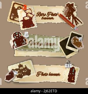 Banderoles en papier avec appareil photo rétro et cartes illustration vectorielle isolée Illustration de Vecteur