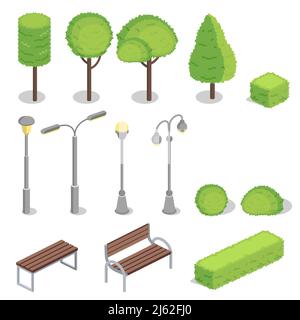 Illustration vectorielle de parcs publics de modèles isométriques d'arbres, de poteaux de lampes et de bancs avec haies vertes pour la conception d'éléments de construction. Isoler Illustration de Vecteur