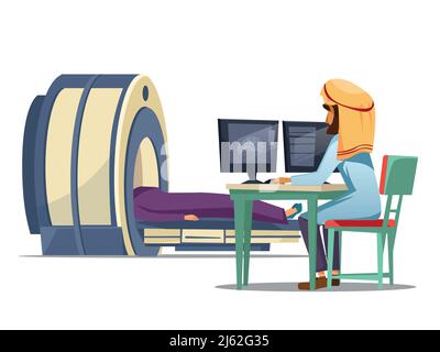 Vecteur caricature ordinateur arabe tomographie ct imagerie par résonance magnétique irm concept d'acquisition de patients. Musulman khaliji homme médecin dans l'uniforme médical hijab Illustration de Vecteur