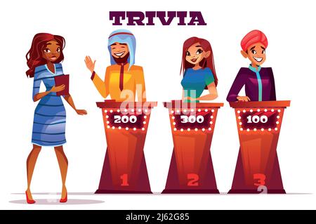 Jeu de quiz avec illustration vectorielle. La présentatrice afro-américaine noire questionner les joueurs d'Arabie Saoudite et d'Indiens avec la réponse et la partition Illustration de Vecteur