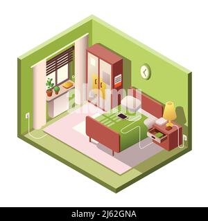 Illustration vectorielle isométrique de la chambre de l'intérieur moderne d'une petite pièce avec mobilier en coupe transversale. Chambre isométrique avec lit, armoire et lampe sur drawe Illustration de Vecteur