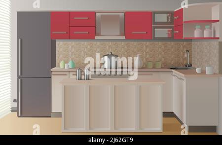 Décoration intérieure colorée de cuisine dans un style moderne et réaliste avec illustration vectorielle de la barre du petit déjeuner Illustration de Vecteur