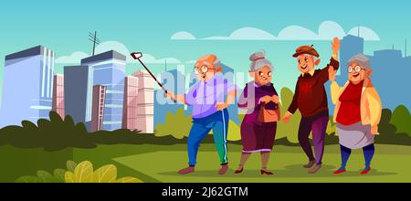 Groupe vectoriel de personnes âgées avec bâton de selfie au parc vert. Personnages de dessin animé senior faisant de la photo. Les grands-parents modernes et branchés s'y promeuvent. Stylo heureux Illustration de Vecteur