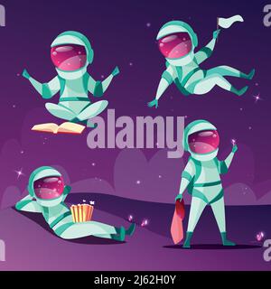 Les astronautes en apesanteur. Cartoon astronautes ou cosmonautes dans la gravité zéro sur la surface de la planète livre de lecture, manger du pop-corn ou f Illustration de Vecteur