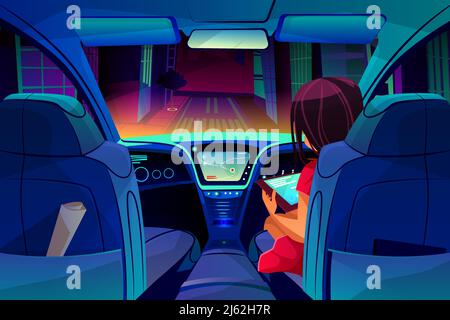 Une fille contrôle ou gère l'illustration vectorielle autonome intelligente de la voiture. Femme sur le siège passager dans la voiture sans conducteur avec tableau de bord de tablette Internet et navigati Illustration de Vecteur