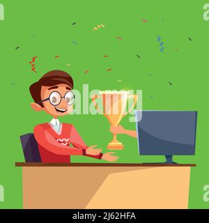Vector cartoon worker, développeur ou joueur a gagné le concours en ligne et a obtenu le prix, main de l'écran donnant le trophée d'or homme caractère décontracté dans gl Illustration de Vecteur
