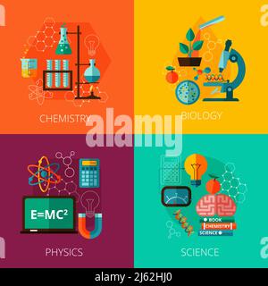 Laboratoire de physique biologique et chimie enseignement scientifique concept 4 plat la composition des icônes imprime une illustration vectorielle abstraite isolée Illustration de Vecteur