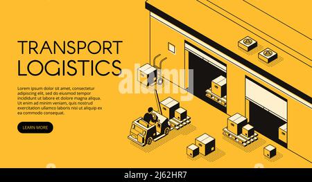Illustration vectorielle de la logistique de transport d'entrepôt d'un employé de magasin sur une palette de camion-chargeuse avec des colis et des boîtes pour l'expédition de livraison. Isométrique Illustration de Vecteur