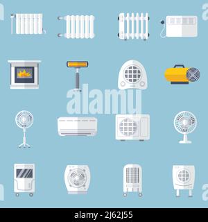 Les icônes plates de conditionnement de chauffage et de refroidissement définissent l'illustration vectorielle isolée Illustration de Vecteur