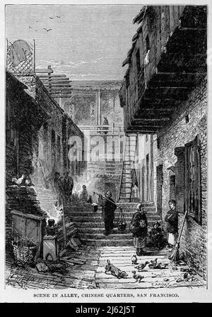 Scene in Alley, Chinese Quarters, San Francisco d'après le livre The Pacific tourist : guide transcontinental illustré d'Adams & Bishop, de l'Atlantique à l'océan Pacifique : Contenant des descriptions complètes des chemins de fer à travers le continent, toutes les stations de plaisance et les lieux de la plupart des paysages notés dans l'extrême-Ouest, aussi de toutes les villes, les villes, les villages, les forts américains, les sources, lacs, montagnes, itinéraires de voyage d'été, meilleures localités pour la chasse, la pêche, le sport, et le plaisir, avec toutes les informations nécessaires pour le voyageur d'agrément, mineur, colon, ou homme d'affaires : un trave complet Banque D'Images