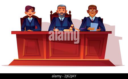 Illustration vectorielle de l'audience des juges au tribunal. Procureur et secrétaire juridique femme ou assesseur et avocat afro-américain noir en lunettes assis à t Illustration de Vecteur