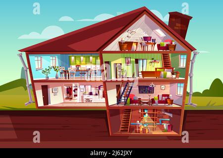 Illustration vectorielle de la section transversale de la maison de l'intérieur et du mobilier de la maison. Dessin animé manoir privé étages plan de grenier, salon ou appartement chambre Illustration de Vecteur
