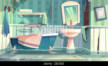 Salle de bains inondée dans les anciens appartements ou maison dessin animé illustration vectorielle avec baignoire vintage, sorbby, murs sales et eau sur le sol. Position allongée usée Illustration de Vecteur