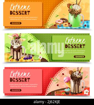 Recettes de desserts extrêmes super sucrées et riches idées 3 appétissant horizontal bannière de page de site web conception illustration vectorielle isolée Illustration de Vecteur