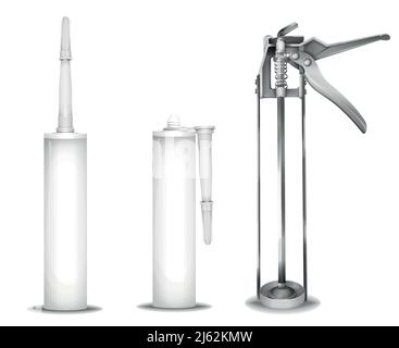 Illustration vectorielle du pistolet à silicone du mécanisme du pistolet à joint 3d et du tube contenant en plastique avec buse. Détails isolés réalistes de calfeutrage au silicium gu Illustration de Vecteur