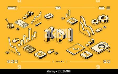 Illustration vectorielle d'analyse et de stratégie de performances métiers KPI en lignes de thine, vue isométrique sur fond jaune demi-ton. Direction de l'entreprise, g Illustration de Vecteur