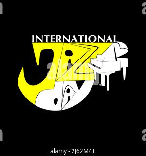 International Jazz Day musique négatif style espace poster vectoriel pour festival de jazz ou blues nocturne rétro fête avec piano à queue blanc. Letterin stylisé Illustration de Vecteur