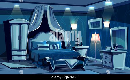 Chambre de nuit avec lampes illustration vectorielle d'éclairage. Vintage ou moderne confortable hôtel confortable ou luxueux appartement intérieur, lit canop Illustration de Vecteur