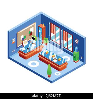 Salle de bureau illustration vectorielle isométrique d'une salle moderne de boss ou de présentation en coupe transversale. Intérieur de la salle de conférence isométrique de la société d'affaires Illustration de Vecteur