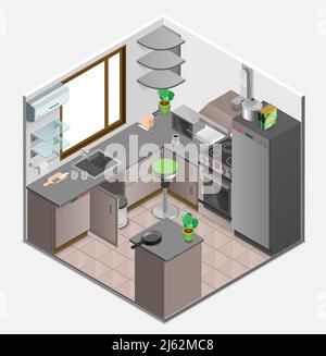 Cuisine intérieure concept isométrique avec meubles dispositifs et ustensiles dans illustration vectorielle isolée de style plat Illustration de Vecteur