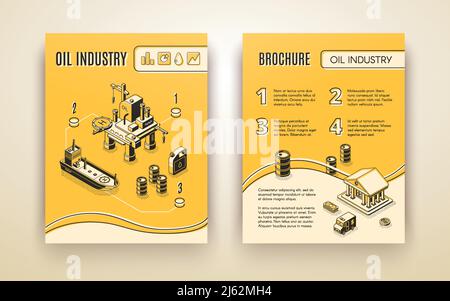 Industrie pétrolière, brochure de la société de production pétrolière, rapport annuel couvrant le modèle de vecteur isométrique avec pétrolier, engin de forage offshore et lin de banque Illustration de Vecteur