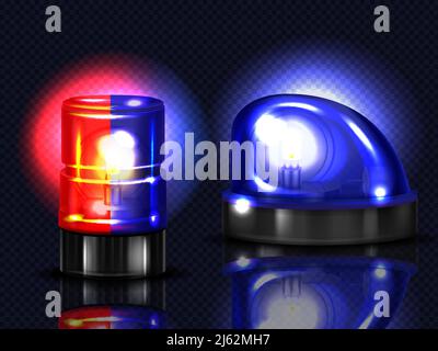 Flashes rouges et bleus réalistes Vector 3d. Sirène de police, ambulance ou autre service municipal avec témoin lumineux rotatif. Balise transparente pour Illustration de Vecteur