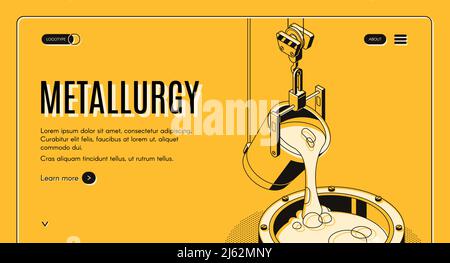 Bannière web vectorielle isométrique pour usine de métallurgie. Verser de l'acier fondu ou du minerai de fer sous forme pendant le processus de fusion, illustration de l'art en ligne. Industrie lourde, Illustration de Vecteur
