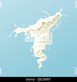 Tourbillon de lait ou de peinture blanche ou tourbillon avec des gouttelettes et des splaters vecteur réaliste isolé sur fond bleu. Illustration liquide blanc. Dai Illustration de Vecteur