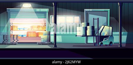 Illustration d'un vecteur de dessin animé d'entrepôt commercial avec un employé transportant des marchandises avec un chariot élévateur à travers les portes ouvertes du magasin. Travailler la nuit shif Illustration de Vecteur