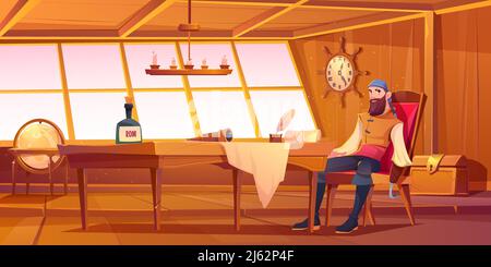 Capitaine pirate en cabine. Illustration vectorielle de l'intérieur d'une pièce en bois, homme avec barbe et crochet au lieu de la main, coffre au Trésor et table W Illustration de Vecteur