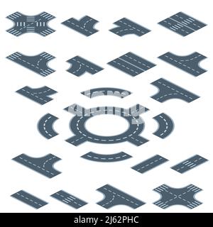 Illustration du vecteur isométrique du constructeur de marquage routier. Rues et autoroutes isolées avec virages, passages à niveau ou intersections et transports en commun Illustration de Vecteur