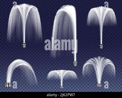 Définissez des fontaines vectorielles réalistes de formes diverses. Grands et petits geysers, jets d'eau tombant isolés sur fond bleu transparent. Éléments de Illustration de Vecteur