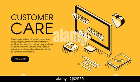 Illustration de l'assistance clientèle et du service en ligne. L'assistant du centre d'appels ou le responsable de l'entreprise vous aident à discuter sur votre ordinateur et votre smartphone dans isomet Illustration de Vecteur