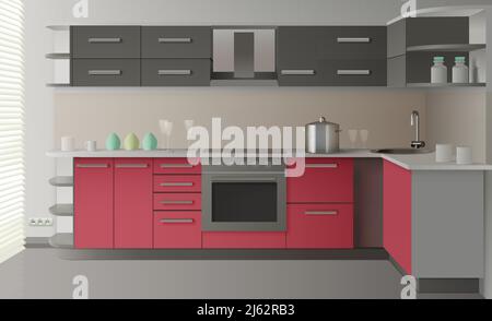 Intérieur de cuisine moderne coloré et réaliste avec tiroirs clayettes four illustration vectorielle des couleurs claires Illustration de Vecteur